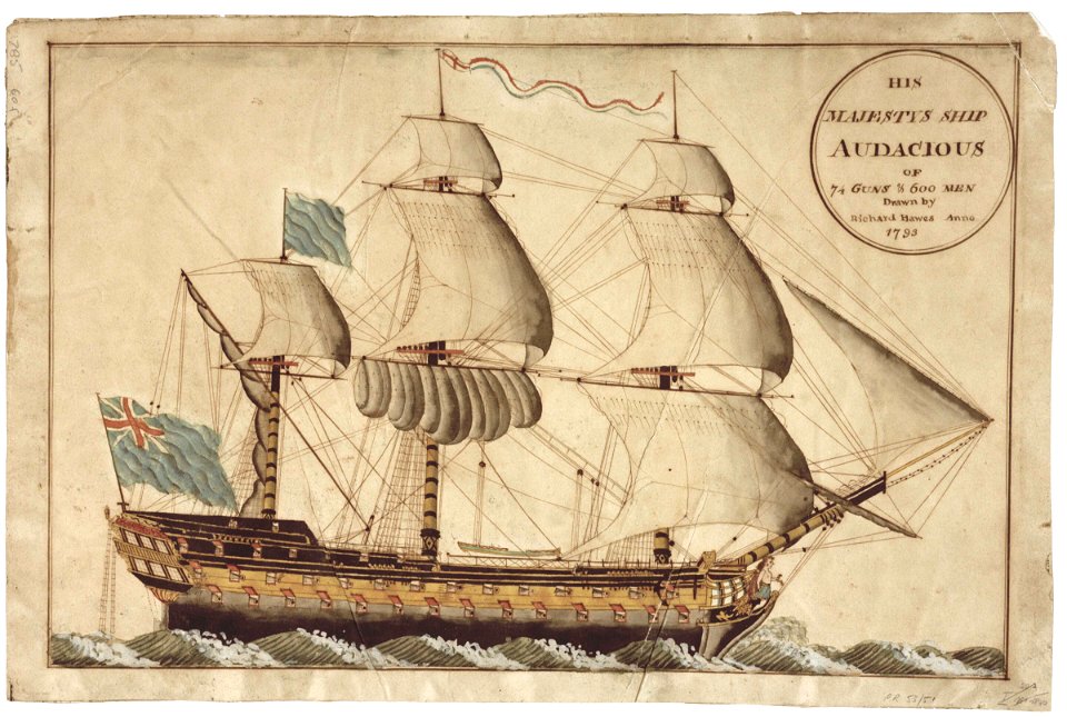 His Majestys Ship Audacious of 74 Guns and 600 men. Drawn by Richard Hawes Anno 1793 RMG PU6026