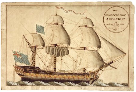 His Majestys Ship Audacious of 74 Guns and 600 men. Drawn by Richard Hawes Anno 1793 RMG PU6026