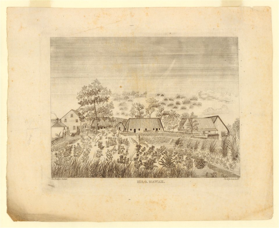 Hilo, Hawaii, ca. 1837. Drawn by Edward Bailey, engraved by Kepohoni