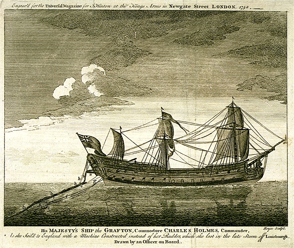 His Majesty's Ship the Grafton Commodore Charles Holmes, Commander, As she sailed to England with a Machine Constructed instead of her Rudder, which she lost in the late storm off Louisbourgh. Drawn by an Officer on RMG PU5954