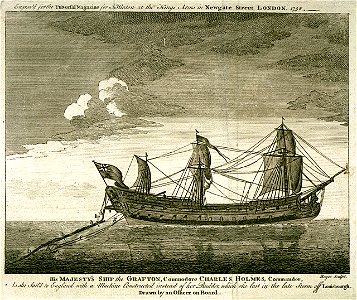 His Majesty's Ship the Grafton Commodore Charles Holmes, Commander, As she sailed to England with a Machine Constructed instead of her Rudder, which she lost in the late storm off Louisbourgh. Drawn by an Officer on RMG PU5954. Free illustration for personal and commercial use.