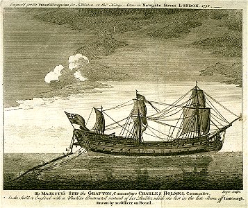 His Majesty's Ship the Grafton Commodore Charles Holmes, Commander, As she sailed to England with a Machine Constructed instead of her Rudder, which she lost in the late storm off Louisbourgh. Drawn by an Officer on RMG PU5954