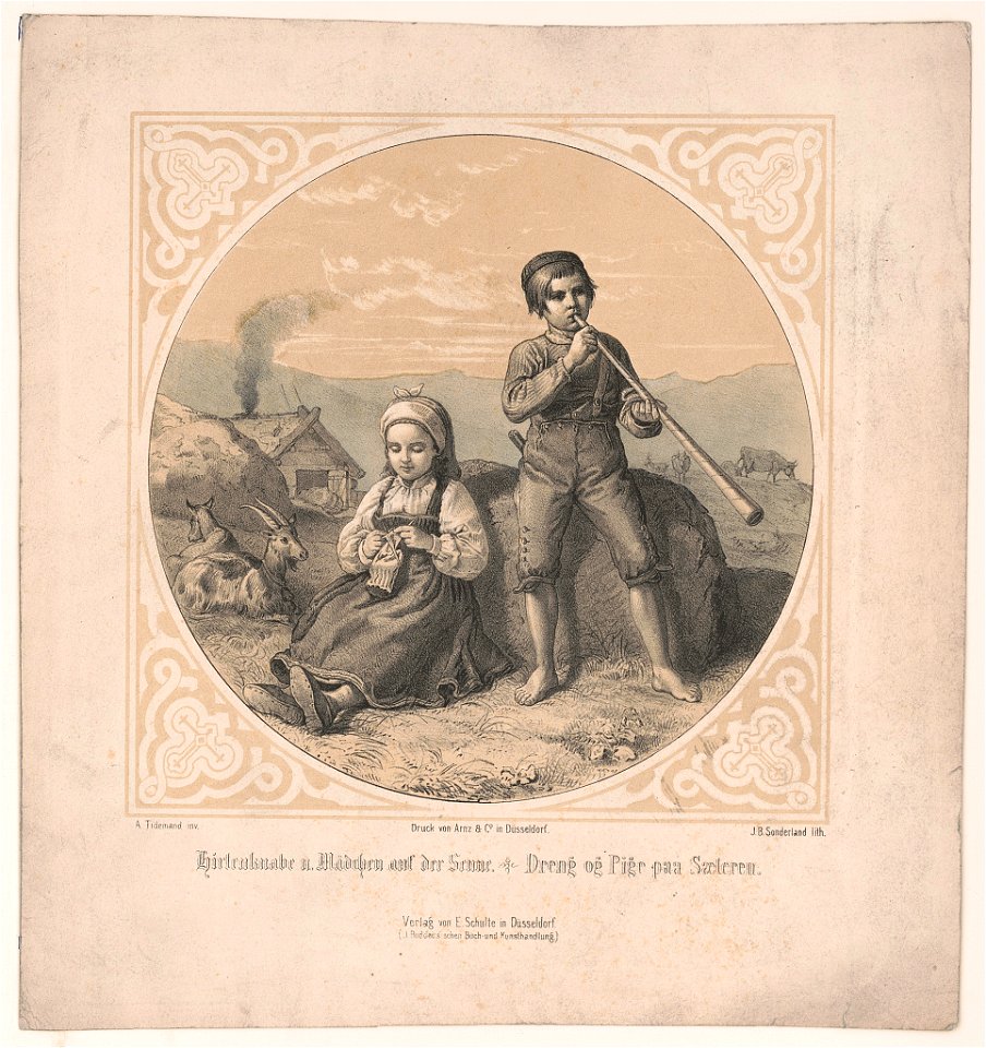 Hirtenknabe u Mädchen auf der Senne Dreng og Pige paa Saetern - - A. Tidemand inv. ; J.B. Sonderland lith. ; Druck von Arnz & Co. in Düsseldorf. LCCN2012648944
