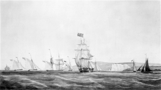 His Majesty's Ship the Vestal frigate, commanded by Captain William Jones. Having their Royal Highnesses the Duchess of Kent and the Princess Victoria on board, - with the Emerald, Sylvia, Waterwitch, Louise, Nautilus RMG 9943