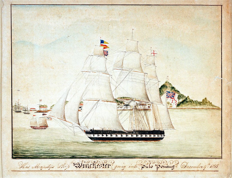 His Majestys Ship Winchester going into Pulo Penang December 9th 1835 RMG PU6130