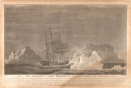 His Majesty's Ship Daedalus passing some ice islands - on the Eastern Steep edge of the Great Bank of Newfoundland RMG PY0737