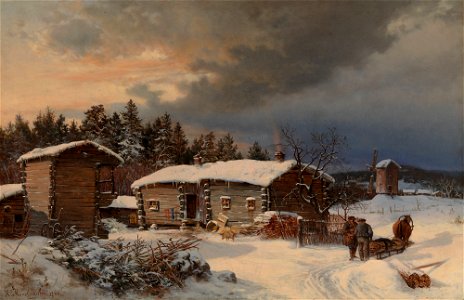 Hjalmar Munsterhjelm - Winter Landscape with Farmhouse in Häme - A I 166 - Finnish National Gallery. Free illustration for personal and commercial use.