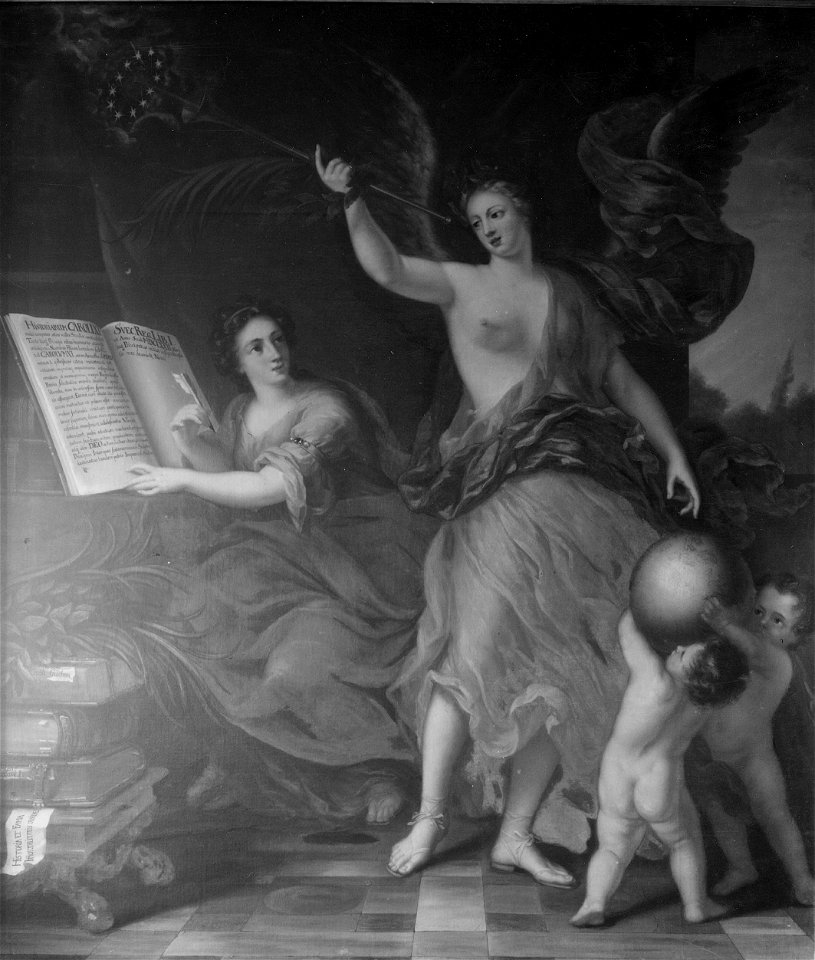 Historiens och Ryktets gudinnor uppteckna svenska konungars bedrifter. (David Klöcker Ehrenstrahl) - Nationalmuseum - 39457