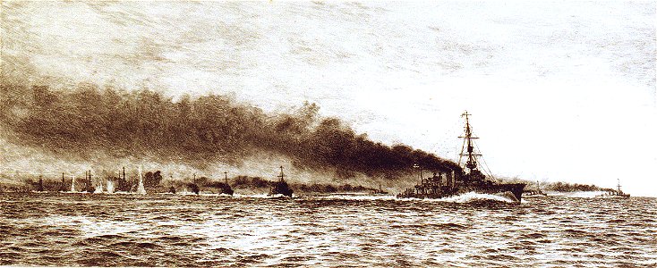 HMS 'Champion', leading the destroyers and battlecruisers at the Battle of Jutland, 31 May 1916, about 16.05 RMG PW2178