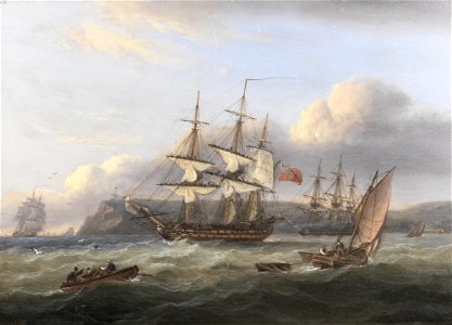 HMS Bellerophon leaving Torbay with the defeated Emperor Napoleon aboard, 26th July 1815 26027 lot 19