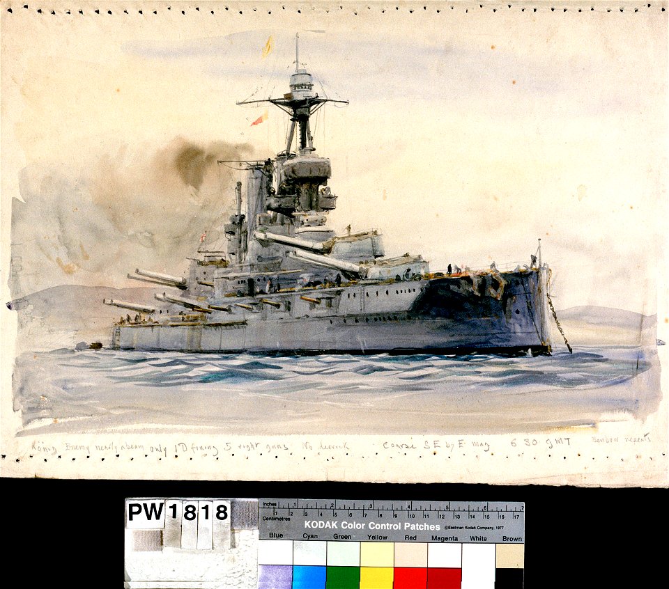 HMS 'Iron Duke', battleship, at anchor with her guns trained to starboard- study for the Battle of Jutland RMG PW1818