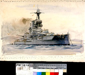 HMS 'Iron Duke', battleship, at anchor with her guns trained to starboard- study for the Battle of Jutland RMG PW1818