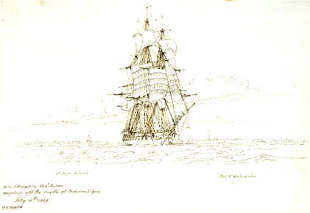 HMS 'Eurydice' weighing anchor off Fort St Sebastian, Mozambique, 10 February 1849 RMG PU9404