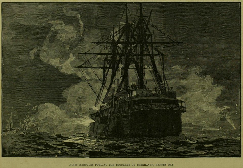HMS Hercules forcing the blockade of Berehaven, Bantry Bay. Naval Manoeuvres of 1888 - ILN 1888