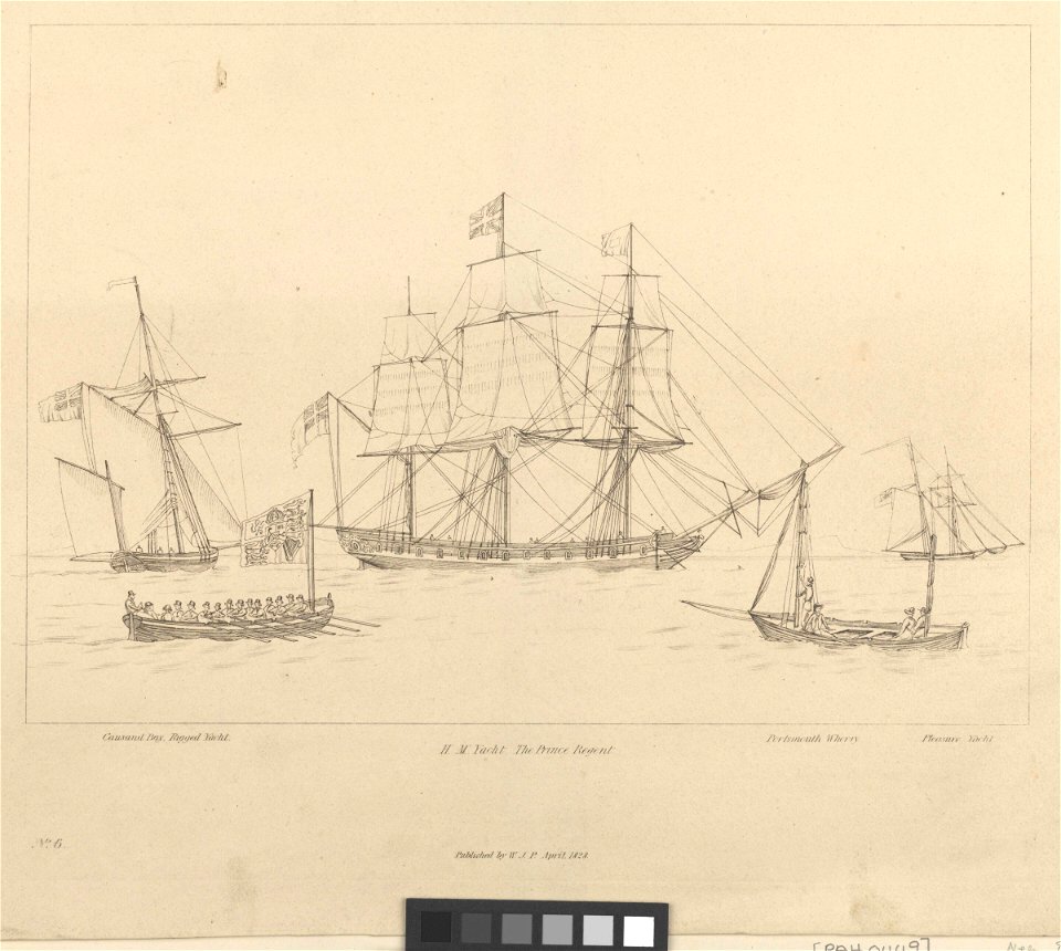HM Yacht The Prince Regent and her ship's boat, Causand Bay Rigged Yacht, a Portsmouth Wherry and a pleasure yacht RMG PY0449