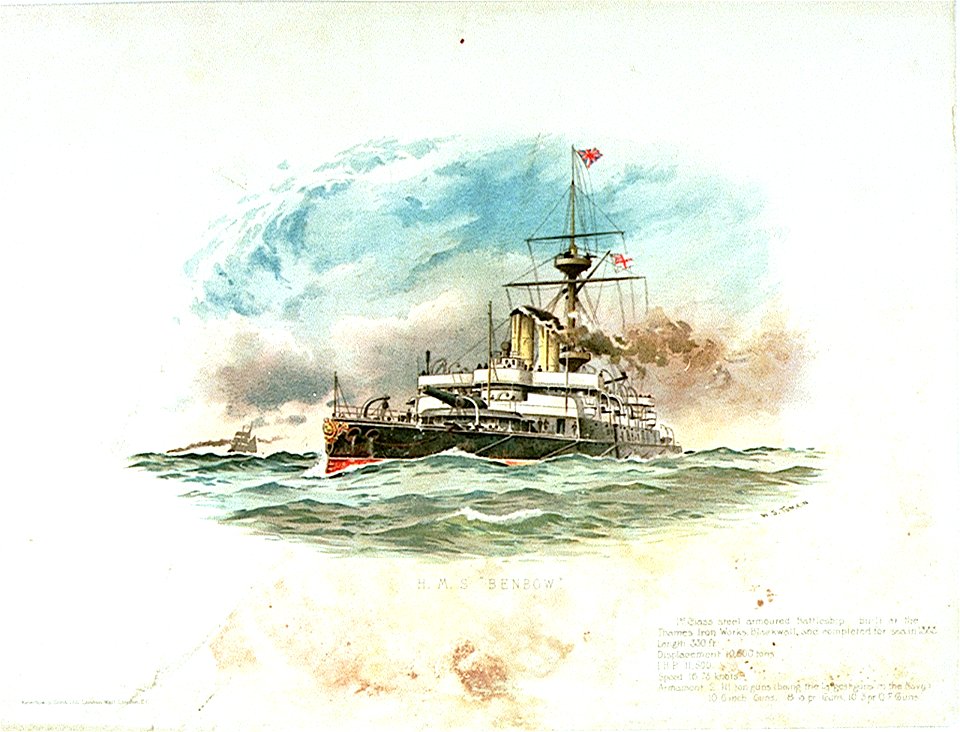 HMS Benbow 1st class steel armoured Battleship. Built at the Thames Iron Works, Blackwall and completed for sea in 1888. Length 330ft. Displacement 10, 600 tons. I H P 11, 500. Speed 16.75 knots. Armament 2 111 ton guns RMG PU6295