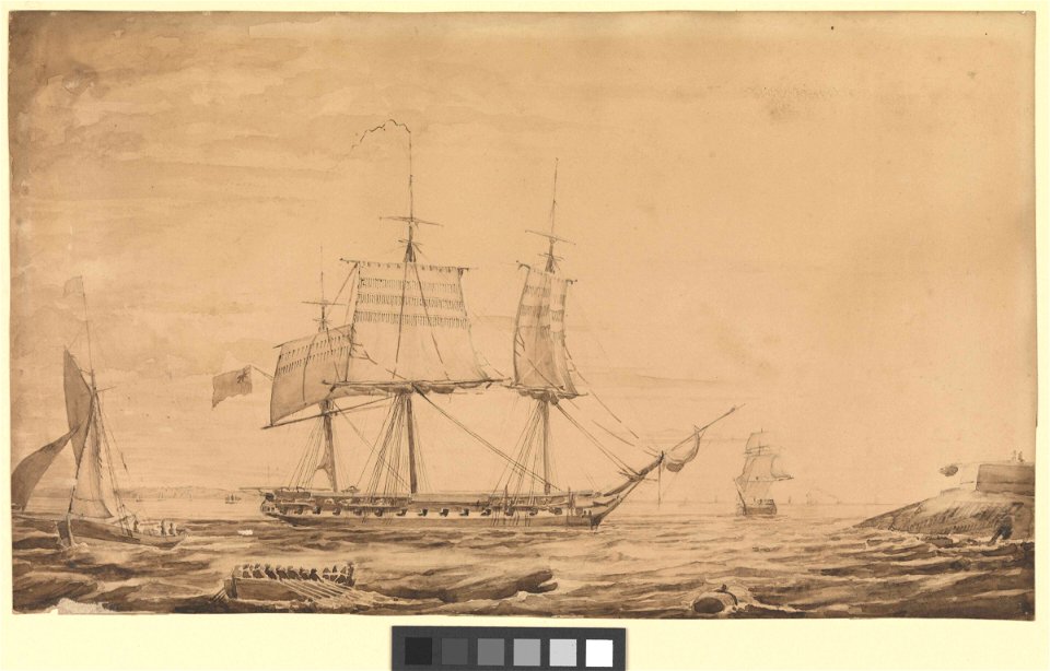 HMS Barham dropping out of Sheerness Harbour, 7 Feb 1836 RMG PW8013