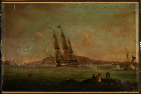 HMS 'Britannia' sailing from the Hamoaze to Plymouth Sound, with the Duke of Clarence on board as Lord High Admiral, 27 July 1828 RMG L2520