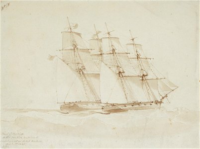 HMS 'Mutine' passing to windward of HMS 'Helena' in a sailing trial, 1 September 1845 RMG PW6176