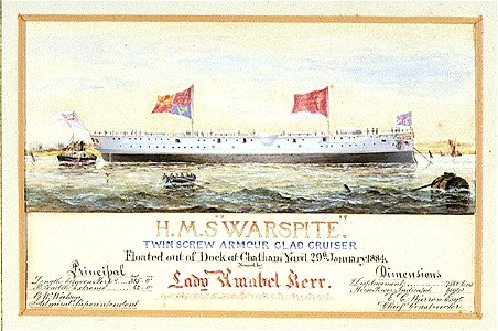 HMS Warspite twin screw armour clad cruiser Floated out of Dock at Chatham Yard 29th January 1884. Named by Lady Amabel Kerr. Principal Dimensions Length between Perps 315ft 0ins Breadth Extreme 62ft 0ins Displacement RMG PU6290