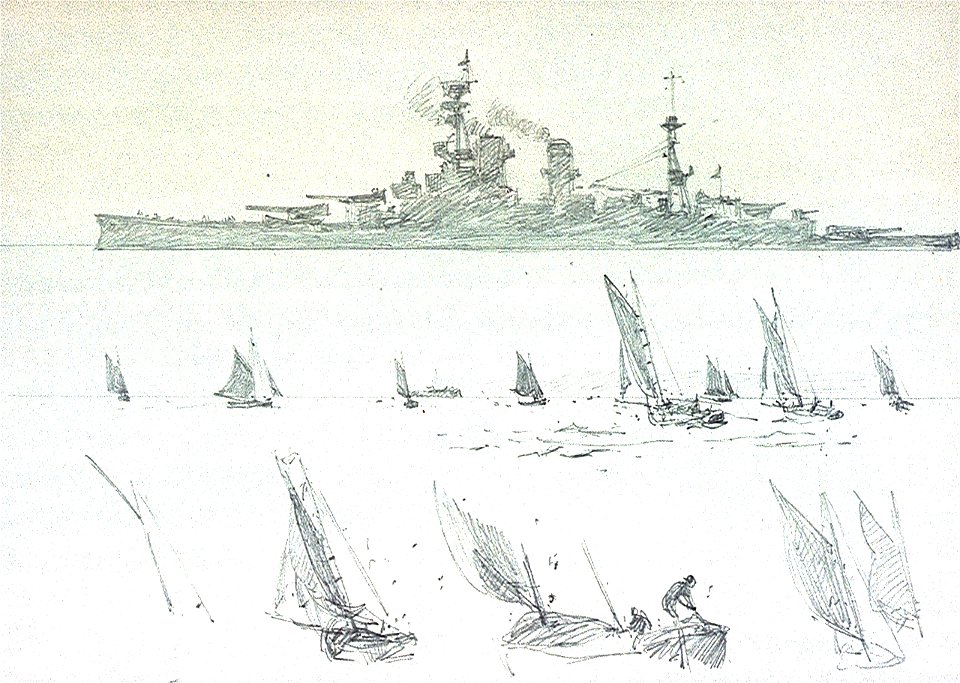HMS 'Renown', seen in port-broadside view, and gaff-rigged fishing vessels RMG PV0046