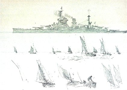 HMS 'Renown', seen in port-broadside view, and gaff-rigged fishing vessels RMG PV0046