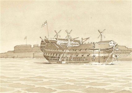 HMS Minotaur (ship, 1816) (Recto) Sheerness Dockyard from stern port of the 'Trafalgar', 25 January 1851 RMG PZ0855-001 (cropped)