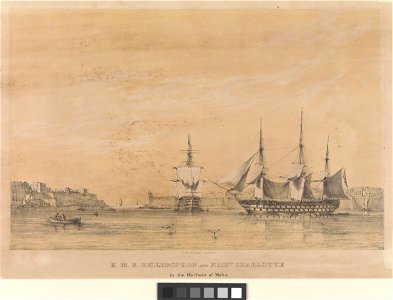 HMS 'Bellerophon' (1824) and 'Princess Charlotte' (1825) in Malta harbour RMG PW8036