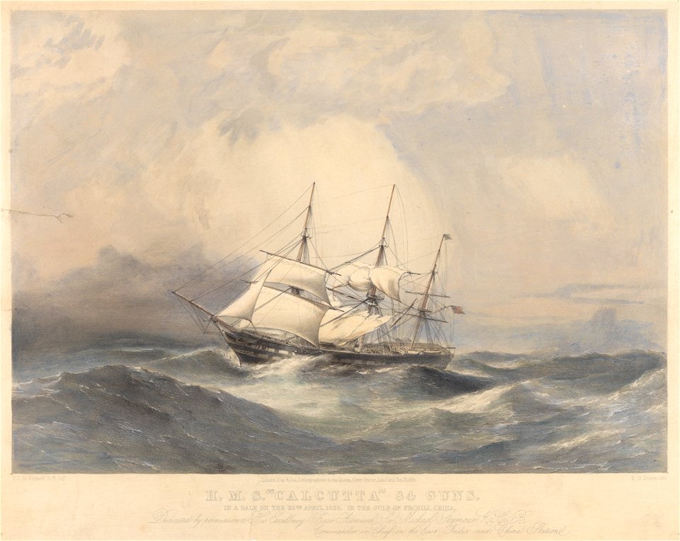 HMS Calcutta 84 guns, in a gale on the 22nd April 1858, in the Gulf of Pechili, China. Dedicated by permission to His Excellency Rear Admiral Sir Michael Seymour KCB, Commander in Chief of the East India and China RMG PY0844