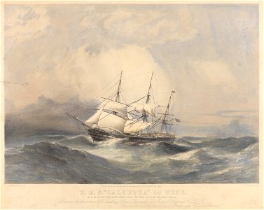 HMS Calcutta 84 guns, in a gale on the 22nd April 1858, in the Gulf of Pechili, China. Dedicated by permission to His Excellency Rear Admiral Sir Michael Seymour KCB, Commander in Chief of the East India and China RMG PY0844