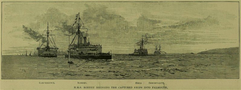 HMS Rodney bringing the captured ships into Falmouth, 1889 Naval Manoeuvres - ILN 1889