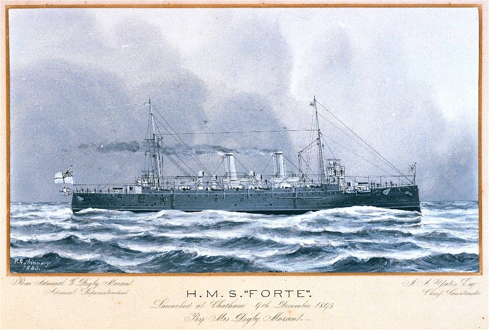 HMS Forte. Launched at Chatham 9th December 1893 By Mrs Digby Morant Rear Admiral G Digby Morant, Admiral Superintendent. J A Yates Esqre Chief Constructor RMG PU0303