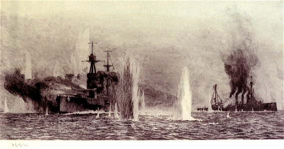 HMS 'Warrior' and 'Warspite' at the Battle of Jutland, 31 May 1916, about 18.25 RMG PW2185