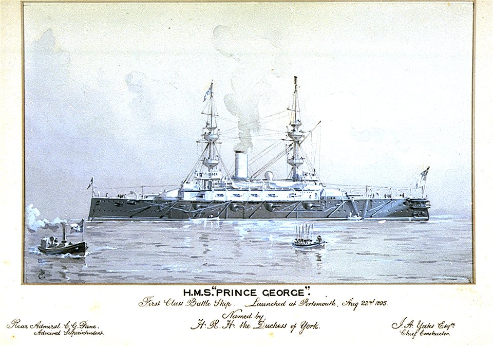 HMS Prince George. First Class Battle Ship. Launched at Portsmouth Aug 22nd 1895. Named by HRH the Duchess of York. Rear Admiral C G Fane Admiral Superintendent. J A Yates Esqre Chief Constructor RMG PU0295