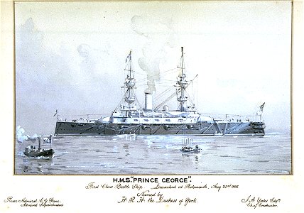 HMS Prince George. First Class Battle Ship. Launched at Portsmouth Aug 22nd 1895. Named by HRH the Duchess of York. Rear Admiral C G Fane Admiral Superintendent. J A Yates Esqre Chief Constructor RMG PU0295