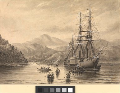 HMS 'Basilisk', anchored in Threshold Bay, New Guinea, 28 May 1874 RMG PW8115. Free illustration for personal and commercial use.