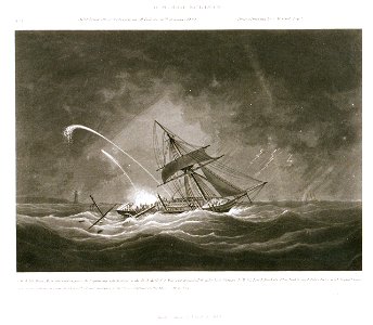 HM Ship Surinam after being struck by lightning off Belleisle 11th December 1806.From a Drawing by N.M Condy Esqre RMG PU6065