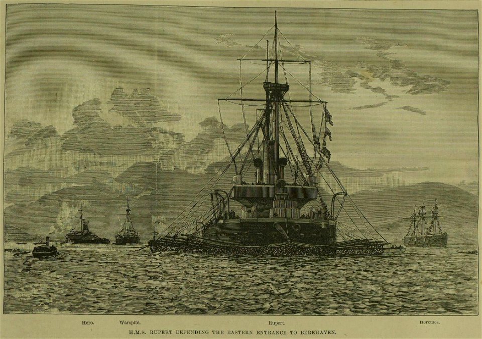 HMS Rupert defending the eastern entrance to Berehaven - ILN 1888