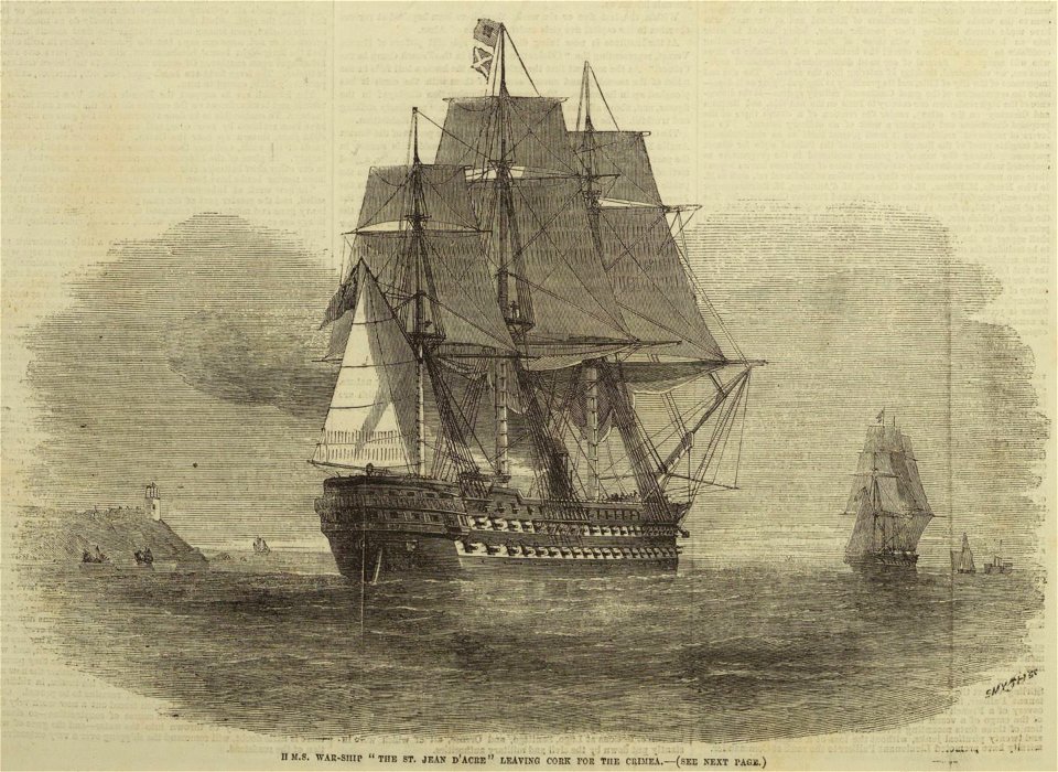 HMS War-Ship 'The St Jean d'Acre' leaving Cork for the Crimea - ILN 1855