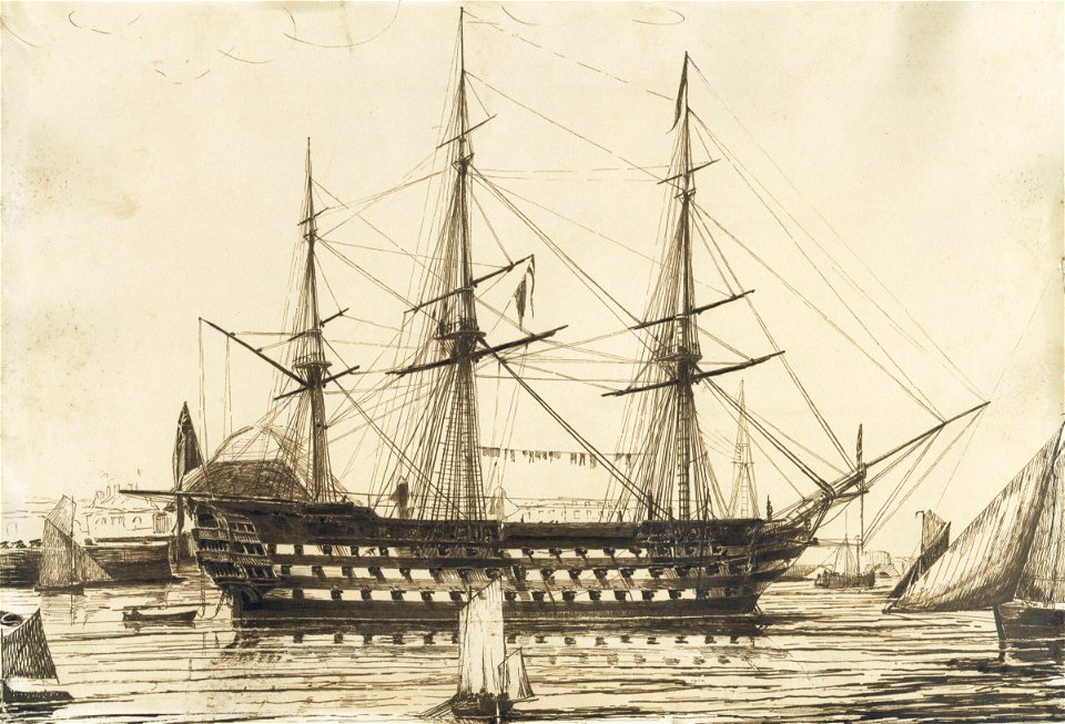 HMS Howe off Sheerness Dockyard, 1836 RMG PW8023