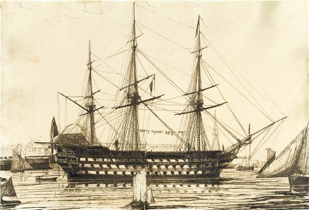 HMS Howe off Sheerness Dockyard, 1836 RMG PW8023