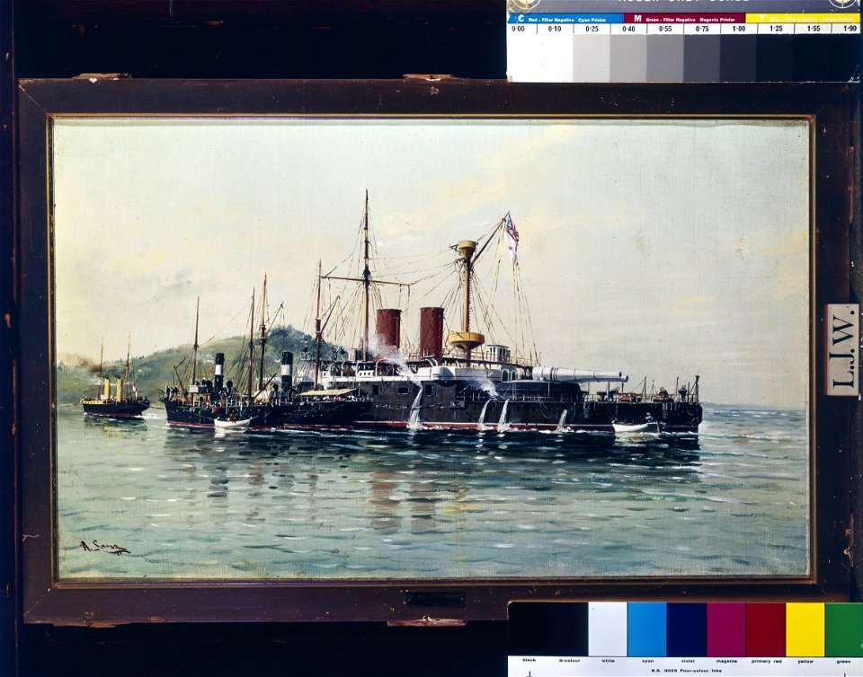 HMS Howe being towed into Emsenanda de la Malata by HMS Seahorse with salvage steamers alongside RMG BHC3410