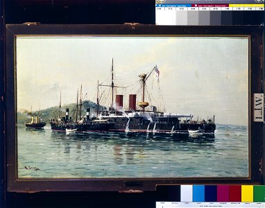 HMS Howe being towed into Emsenanda de la Malata by HMS Seahorse with salvage steamers alongside RMG BHC3410