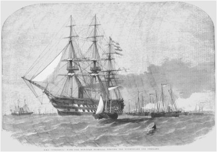 HMS Colossus, with the Gun-Boat Flotilla, leaving the Motherbank for Portland ILN-1856. Free illustration for personal and commercial use.