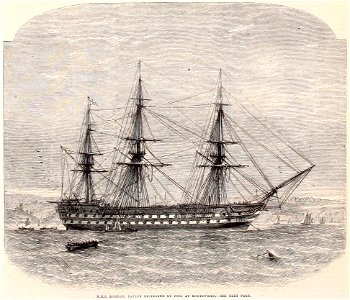 HMS Bombay, lately destroyed by Fire at Montevideo ILN 1865. Free illustration for personal and commercial use.