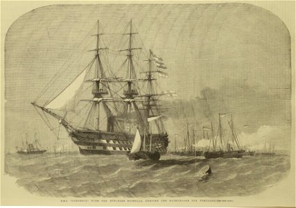 HMS Colossus, with the Gun-Boat Flotilla, leaving the Motherbank for Portland - ILN-1856-0405-0005
