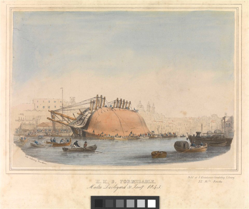 HMS 'Formidable' careened in Malta Dockyard, 31 January 1843 RMG PW8039