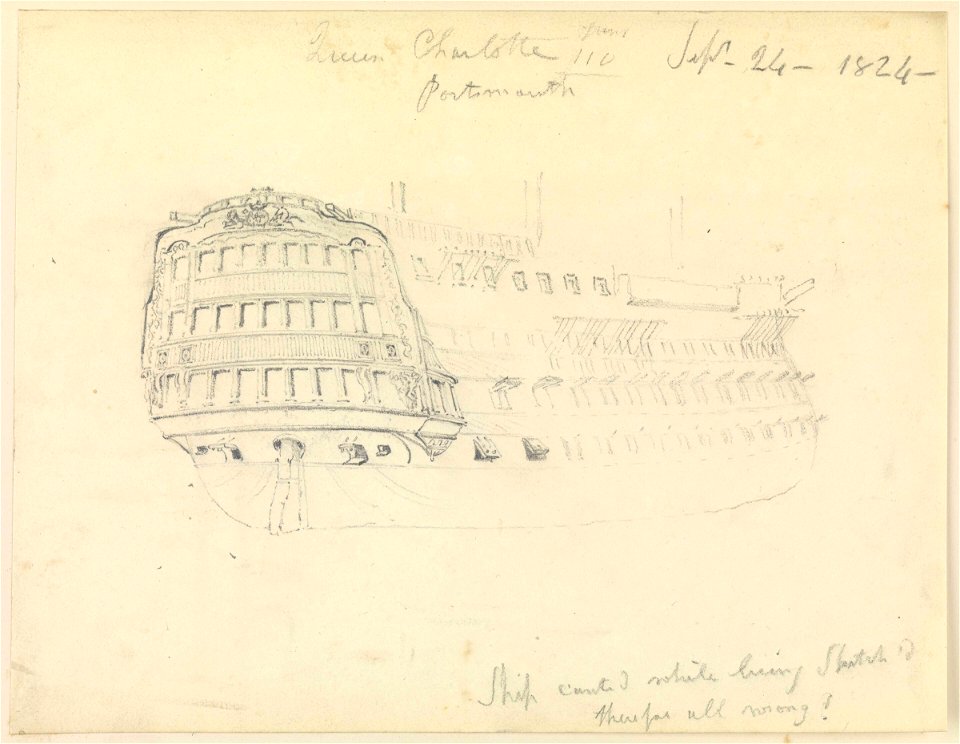 HMS 'Queen Charlotte' showing stern detail, Portsmouth, 1824 RMG PZ0906