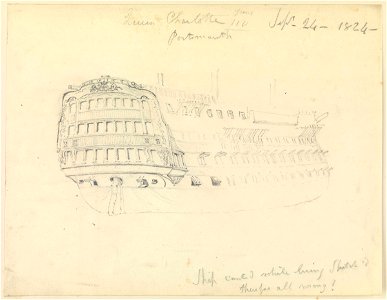 HMS 'Queen Charlotte' showing stern detail, Portsmouth, 1824 RMG PZ0906