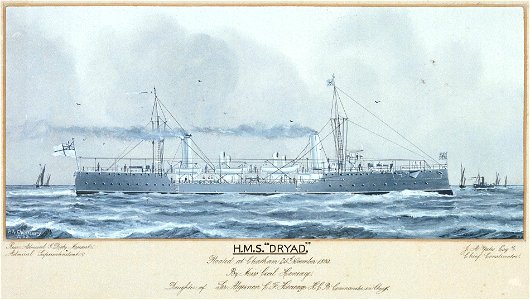 HMS Dryad Floated at Chatham 25th November 1893. By Miss Cecil Heneage Daughter of Sir Algernon C F Heneage, KCB, Commander in Chief, Rear Admiral G Digby Morant, Admiral Superintendent, J A Yates Esqre, Chief RMG PU0302